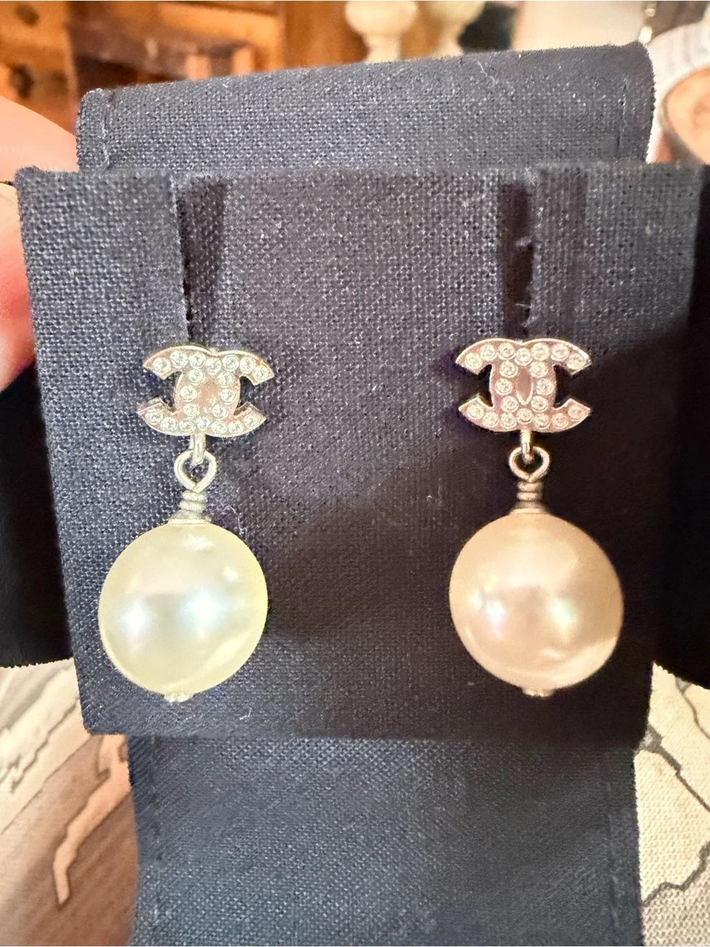 CHANEL Authentic CHANEL Crystal CC Pearl Dangle Drop Earrings Silver with Box